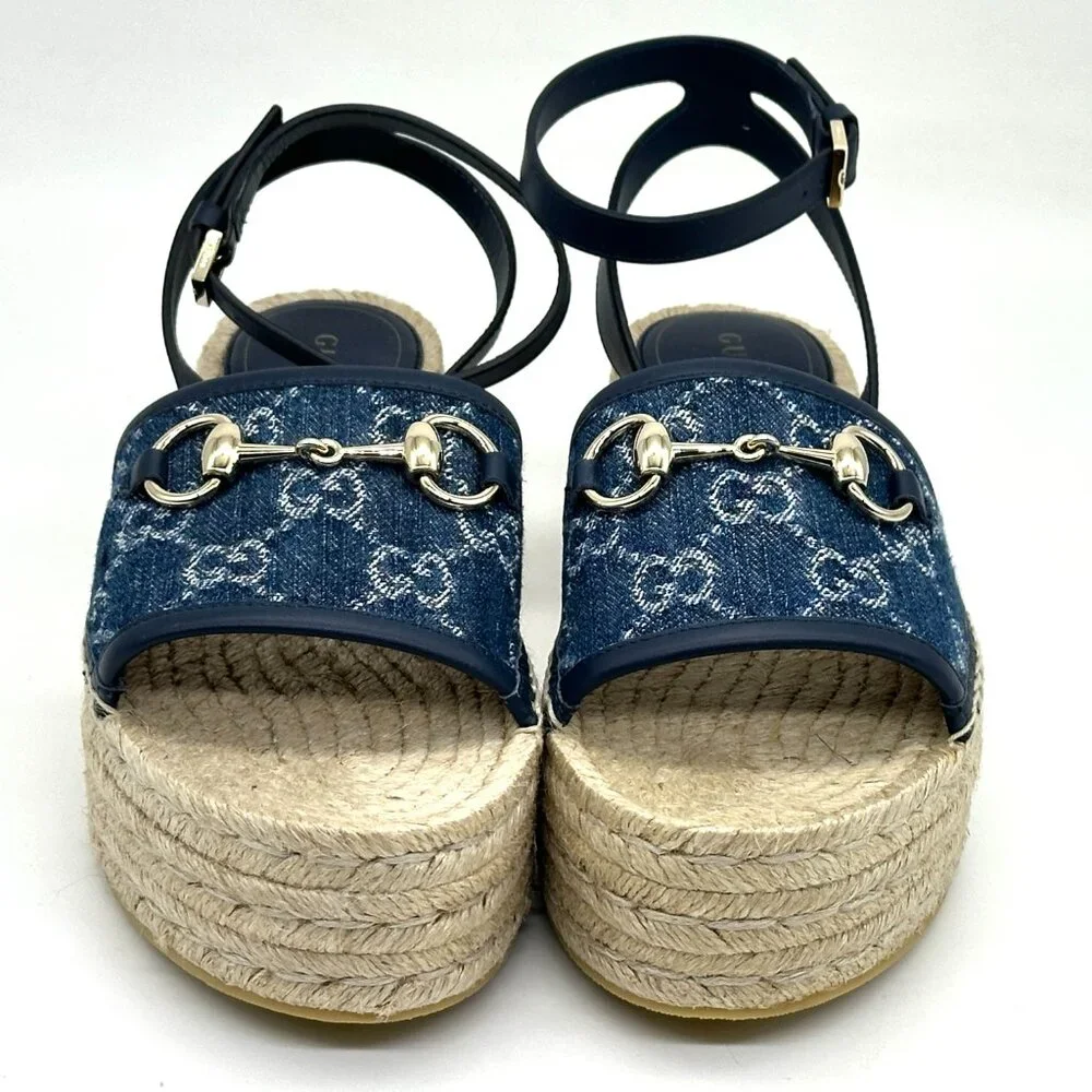 Gucci Paloma Horsebit GG Platform Espadrille Wedge Heel Ankle Strap Sandals - Picture 13 of 15
